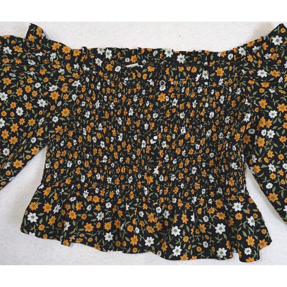 Love Tree Floral Smocked Peplum Blouse Women's L Black Orange White Long Sleeve